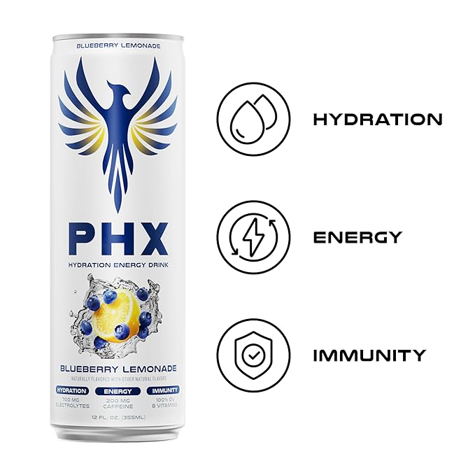 PHX Hydration Energy Drink - 700mg Electrolytes, 200mg Natural Green Tea Caffeine, 100% Daily Value