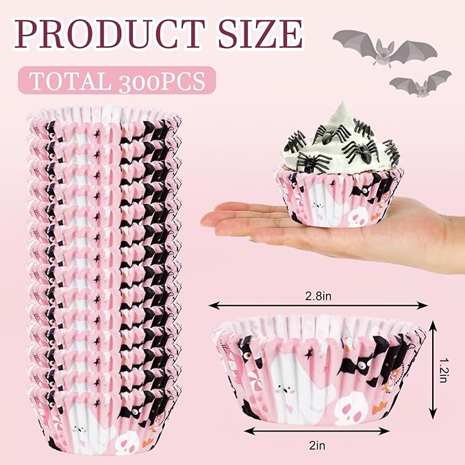 300Pcs Halloween Cupcake Liner Pink Boo Ghost Baking Cup Paper Muffin Cupcake Wrapper for Trick or