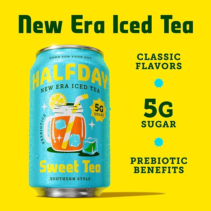 HALFDAY Prebiotic Sweet Tea Iced Tea Cans, Supports Digestive & Gut Health, 6g Plant Fiber &