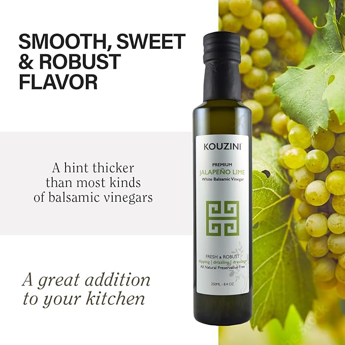 Kouzini Ultra Premium White Jalapeno Lime Balsamic Vinegar - Sweet & Thick Italian Dressing for