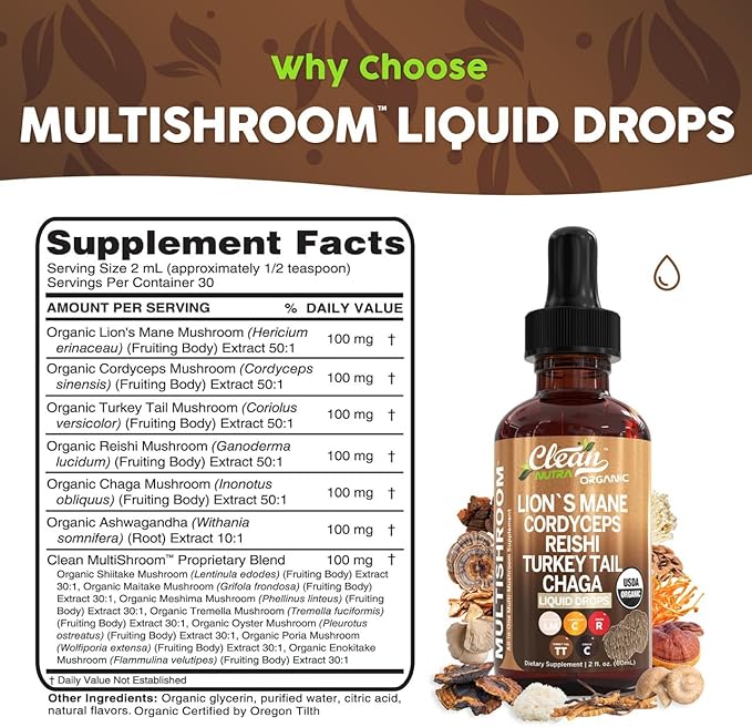 Organic Mushroom Supplement Liquid Drops with Lions Mane Turkey Tail Cordyceps Reishi Chaga Shitake