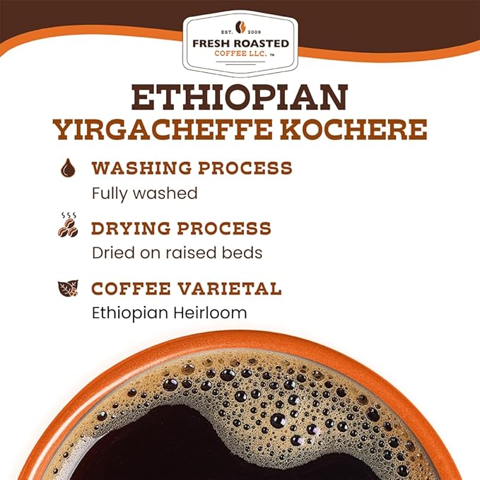 Fresh Roasted Coffee, Ethiopian Yirgacheffe Kochere, 2 lb (32 oz), Medium Roast, Kosher, Whole Bean