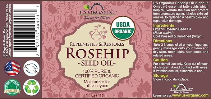US Organic Rosehip Seed Oil, USDA Certified Organic, Cold Pressed, Virgin Organic, Amber Glass