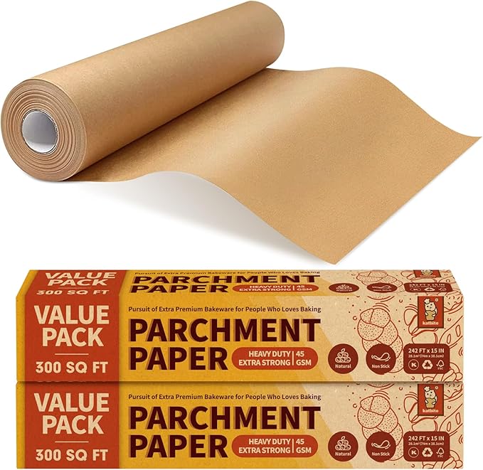 2 Value Pack 15in x 242ft, 300 Sq.Ft Unbleached Parchment Paper Roll for Baking, Katbite Parchment
