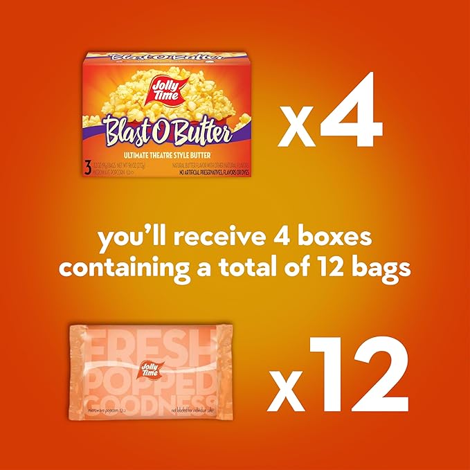 Jolly Time Blast O Butter, Ultimate Movie Theater Butter Microwave Popcorn, 3.2oz Sharing Bag, 3