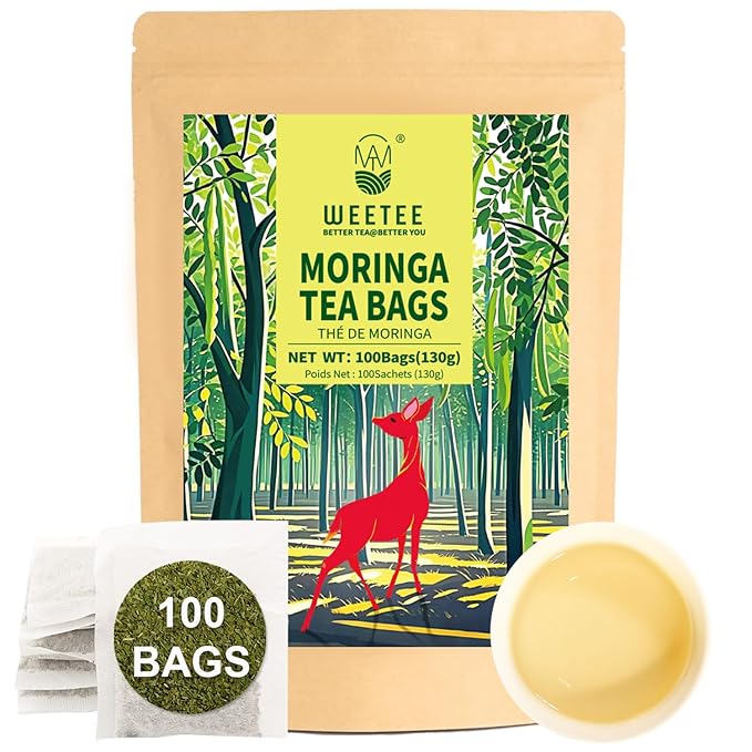 WT WEETEE Moringa Tea Bags 100 Count, 100% Pure Dried Moringa Leaves, Caffeine Free Nutrient-Dense