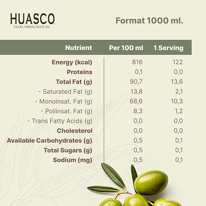 Extra Virgin Olive Oil by HUASCO |First Cold Press - From Chile, 33.8 Fl Oz (1000 Ml)
