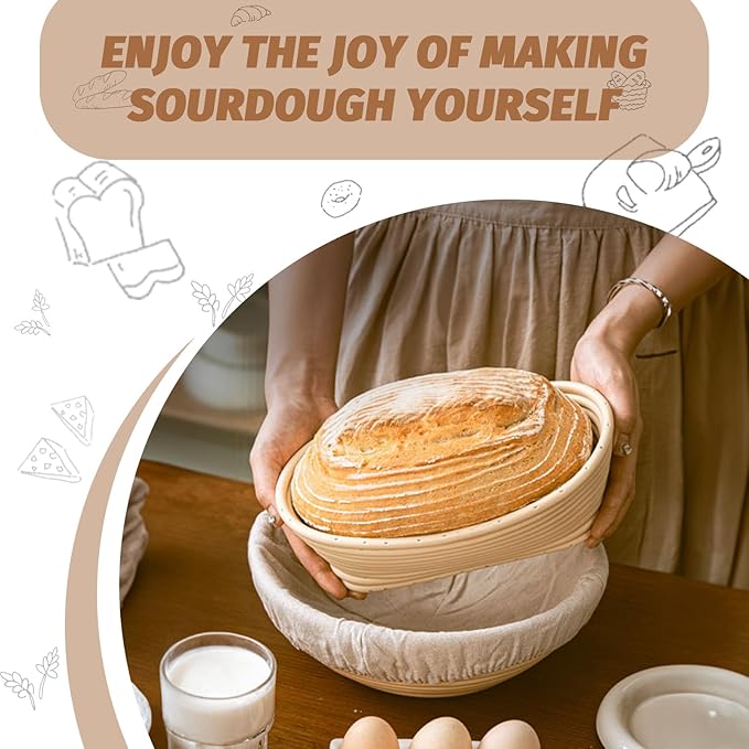 Sourdough Proofing Basket Gift Set, 9" Round and 10" Oval Banneton Bread Baking Supplies, Sourdough