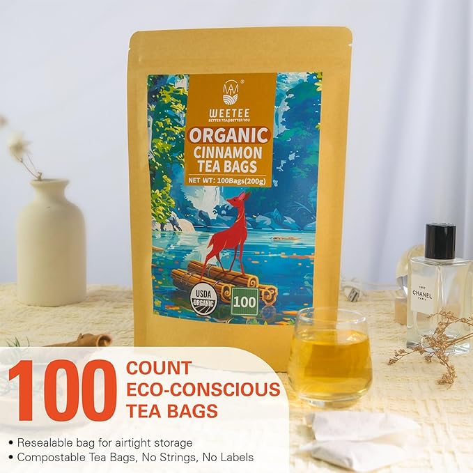 WT WEETEE Organic Cinnamon Tea Bags, Made with 100% Natural & Pure Cinnamon, Natural Caffeine-free