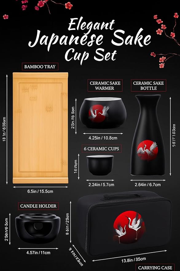 Japanese Sake Cup Set with 6 Ceramic Cups, 1 Ceramic Sake Bottle, 1 Ceramic Sake Warmer, Bamboo