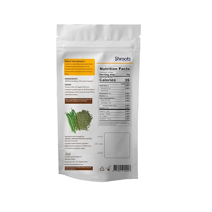 SHROOTS Dehydrated Chopped Green Beans Flakes Pure Vegetarian Gluten-Free No Added Salt Easy
