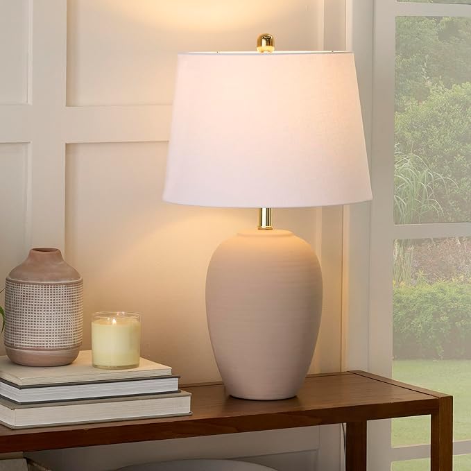 Nourison Home 23" Light Pink Ceramic Jar Table Lamp for Bedroom, Living Room, Dining Office, with