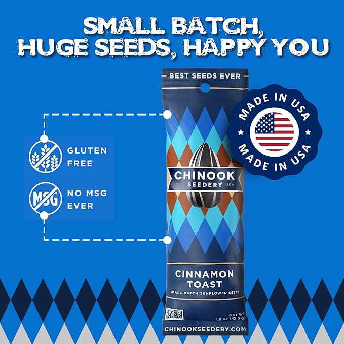 Chinook Seedery Roasted Sunflower Seeds to Eat - 1.5 oz (Pack of 36) Cinnamon Toast - Jumbo Low