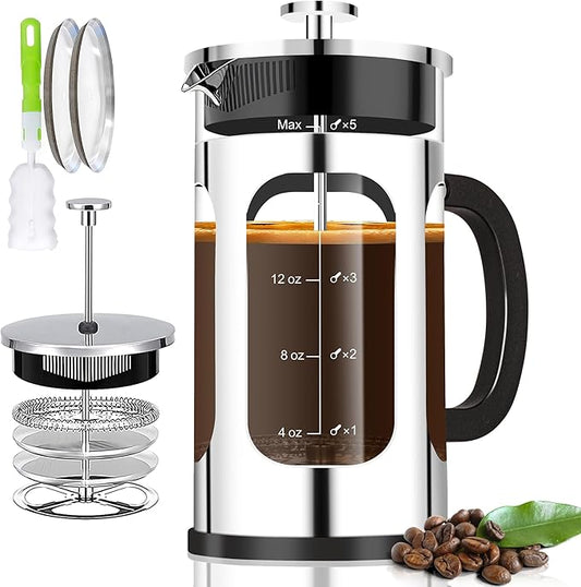 French Press Coffee Maker (21oz 600ML 3-4Cup) Coffee Press, with 4 Filters System, Heat Resistant
