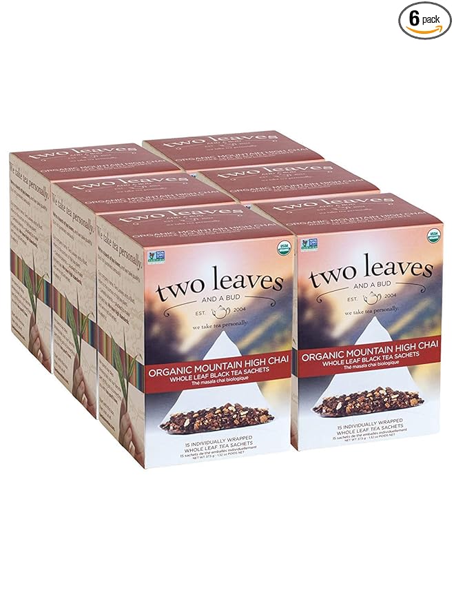 Two Leaves and a Bud Organic Mountain High Chai Tea Bags, Whole Leaf Black Tea and Spices in