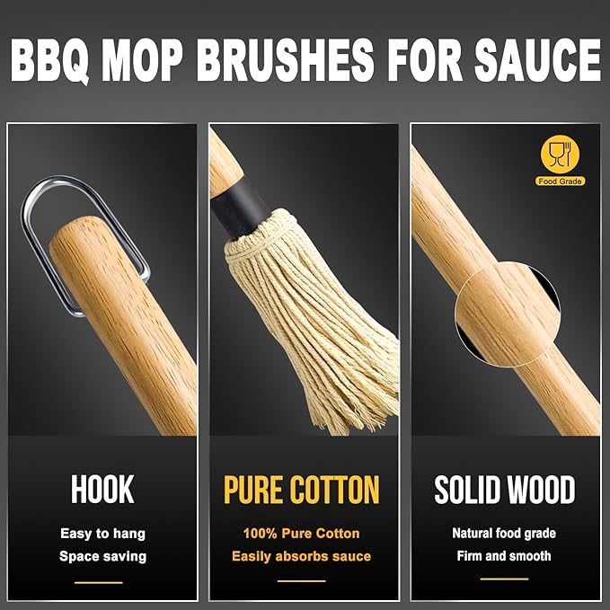 Walfos BBQ Mop Brushes for Sauce, Grilling Basting Mop Wooden Long Handle with 3 Heads, for