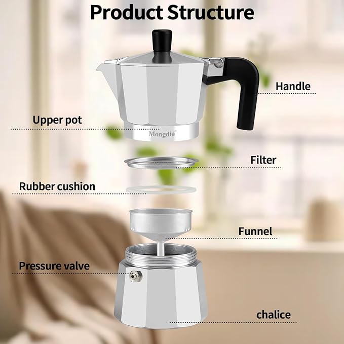 Mongdio Stovetop Espresso Maker Moka Pot, Stove Top Cuban Coffee Maker, Italian Greca Mocha Pot, 3