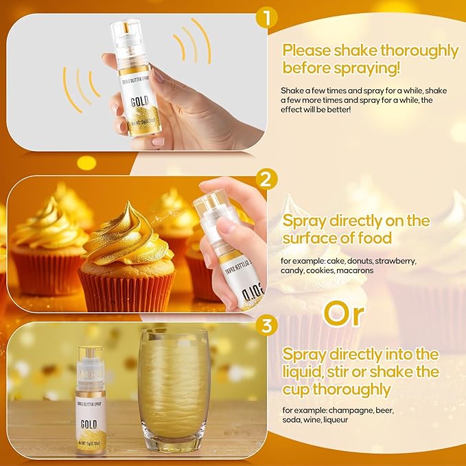 Edible Glitter Spray,2 Colors Gold & Iridescent Food Grade Edible Glitter Set for Drink Cake