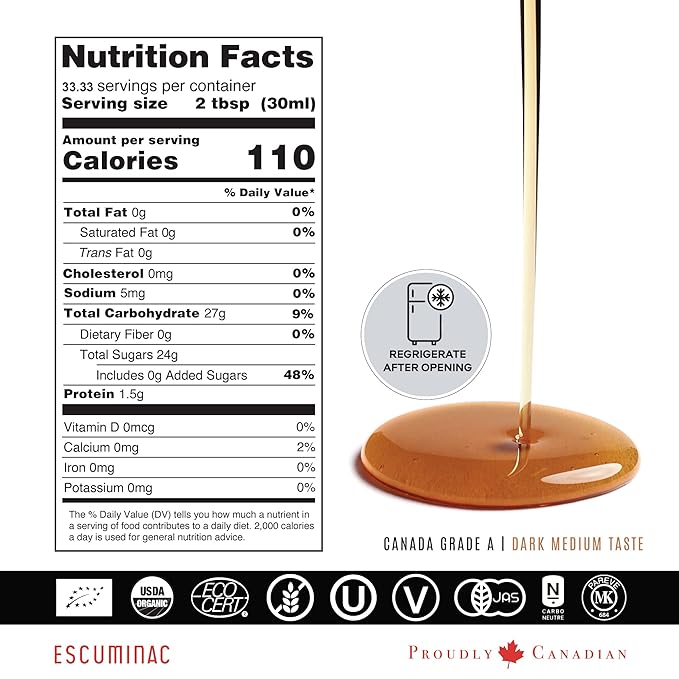Escuminac Organic Canadian Maple Syrup ??Great Harvest, Medium Rich Taste, 33.8 fl oz Family Size