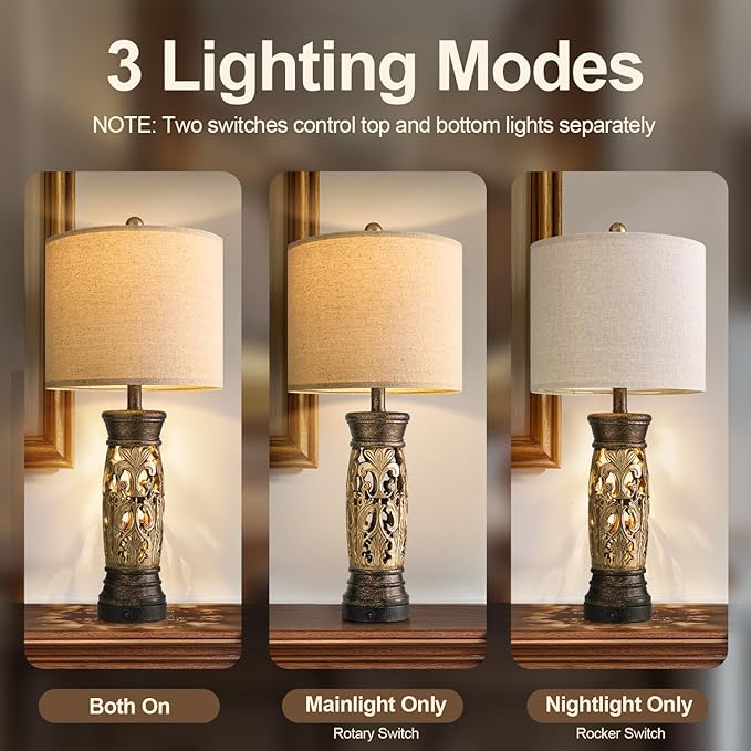 BOBOMOMO 27.25” Antique Gold Table Lamps Set of 2 – Farmhouse Bedside Lamps with Night Light & USB