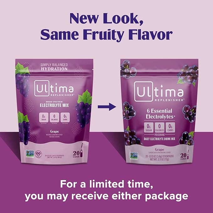Ultima Replenisher Daily Electrolyte Powder Drink Mix ??Sugar Free ??Grape, 20 Stickpacks