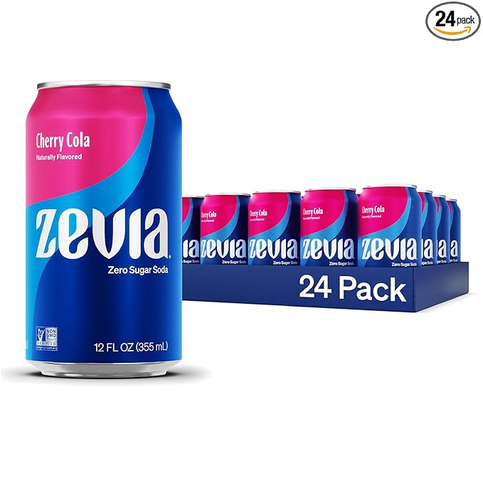 Zevia Zero Sugar Soda, Cherry Cola, 12 oz Cans (24-Pack) ??Naturally Sweetened, Non-GMO Project