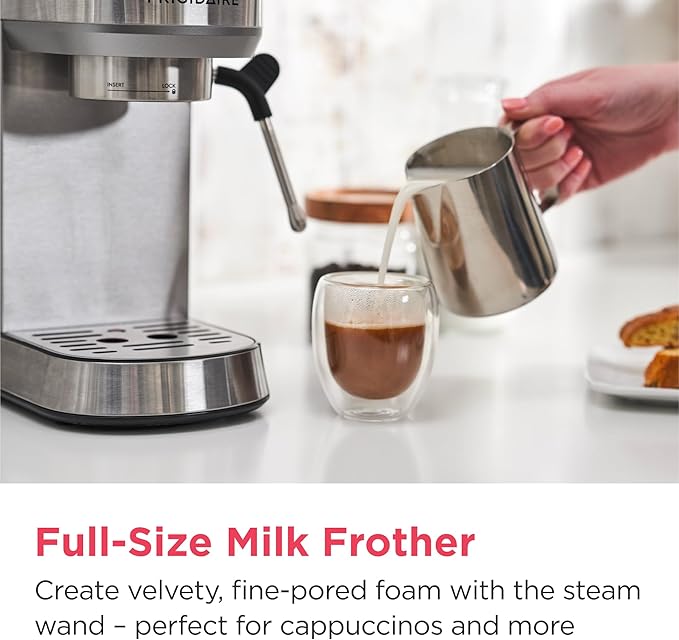Frigidaire Steam Espresso Maker, Coffee Machine with Milk Frother & Cup Warmer, 20 Bar Pressure, 34