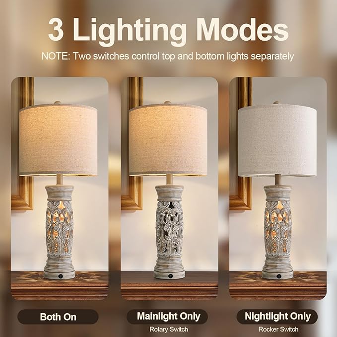BOBOMOMO 27.25” Rustic Farmhouse Table Lamps Set of 2 – Vintage Bedside Lamps with Night Light &