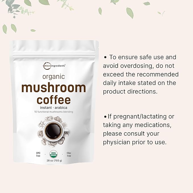 Organic Instant 10 in 1 Mushroom Coffee Powder, 28 Ounce (317 Servings) | Weight & Immune Support |