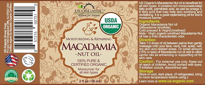 US Organic Macadamia Nut Oil Unrefined Virgin, USDA Certified Organic, Pure & Natural, Cold