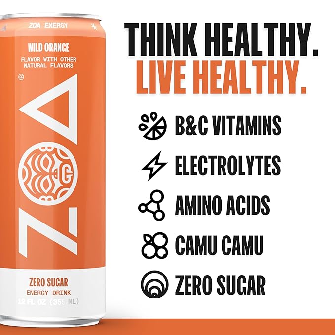 ZOA Zero Sugar Energy Drinks, Wild Orange - Sugar Free with Electrolytes, Healthy Vitamin C, Amino