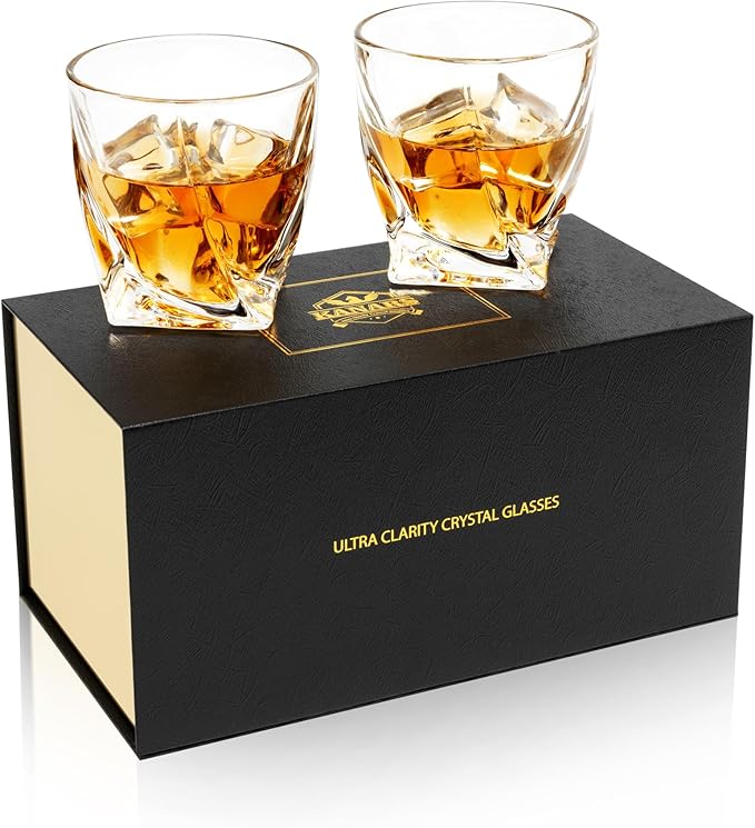 KANARS Old Fashioned Whiskey Glasses with Luxury Box - 10 Oz Twisted Liquor Tumblers for Scotch