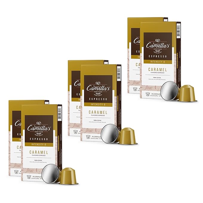 Camilla’s Heritage - Intensity 8 Caramel Flavored Espresso Coffee, Gourmet Espresso Cups, 60 Coffee