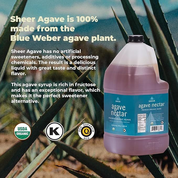 Sustainable Agave Co - Sheer - Agave Nectar - 4 x 1 Gallon Bottles (5kg each) - Raw Sweetener