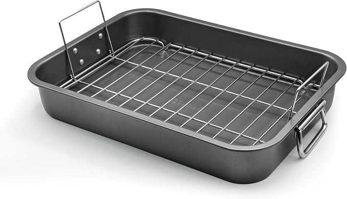 Large Roasting Pan With Rack 12” X 16” - Non Stick Large Roaster Pan and Flat Rack With Foldable