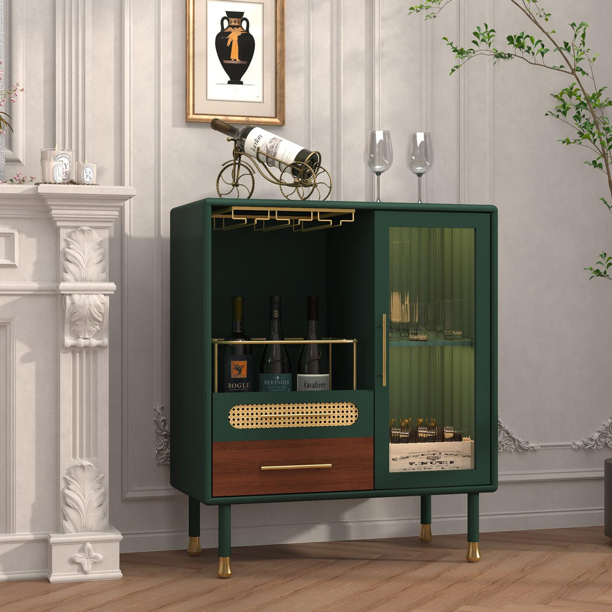ARTPOWER Modern Coffee Bar Cabinet with Pull-Out Wine Storage, Green
