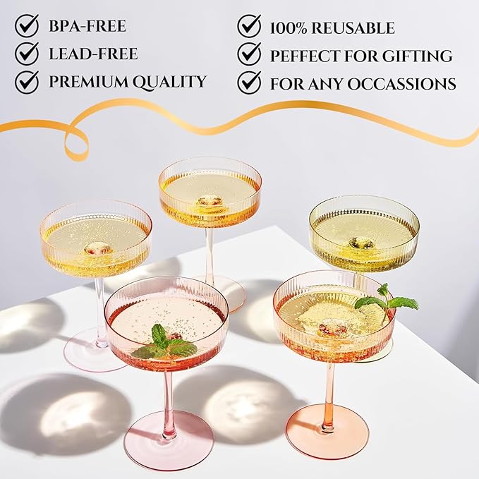 Khen Pastels Colored Vintage Art Deco Coupe Glasses - Martini, Cocktail & Champagne Ribbed Glasses