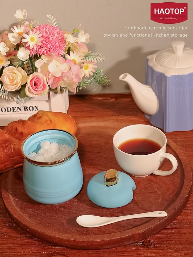 HAOTOP 12oz Sugar Bowl with Lid and Spoon,Simple Ceramic Sugar Jar Sugar Container Sugar Dispenser