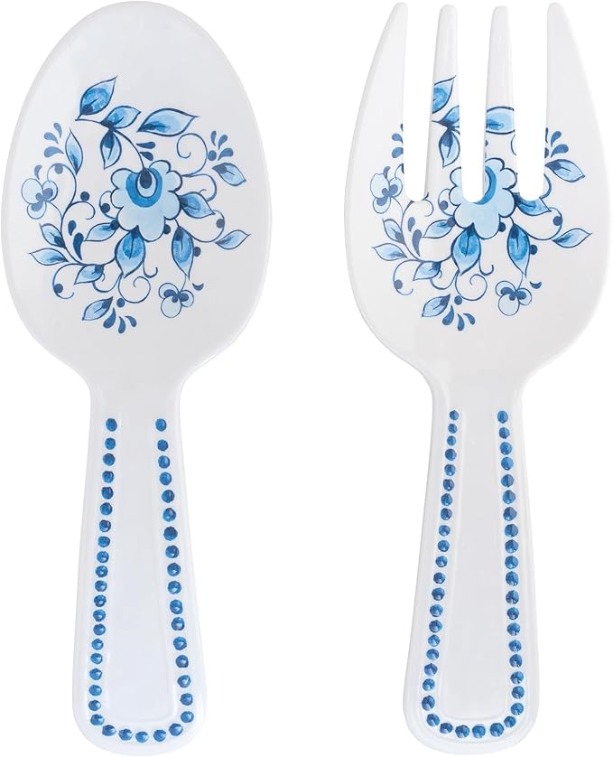 UPware Blue and White Floral Melamine Salad Servers, Serving Utensil Set, Includes Serving Fork and