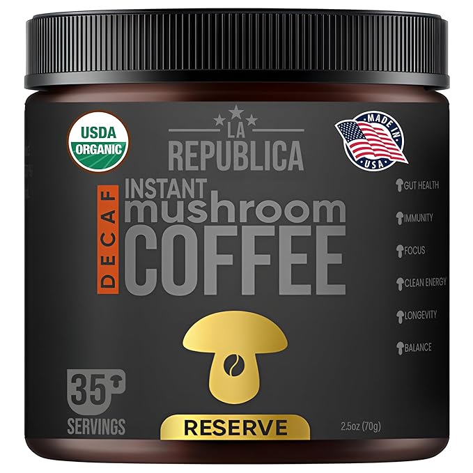La Republica Founders Reserve Decaf Instant Mushroom Coffee Organic (35 Servings), Premium 50% More