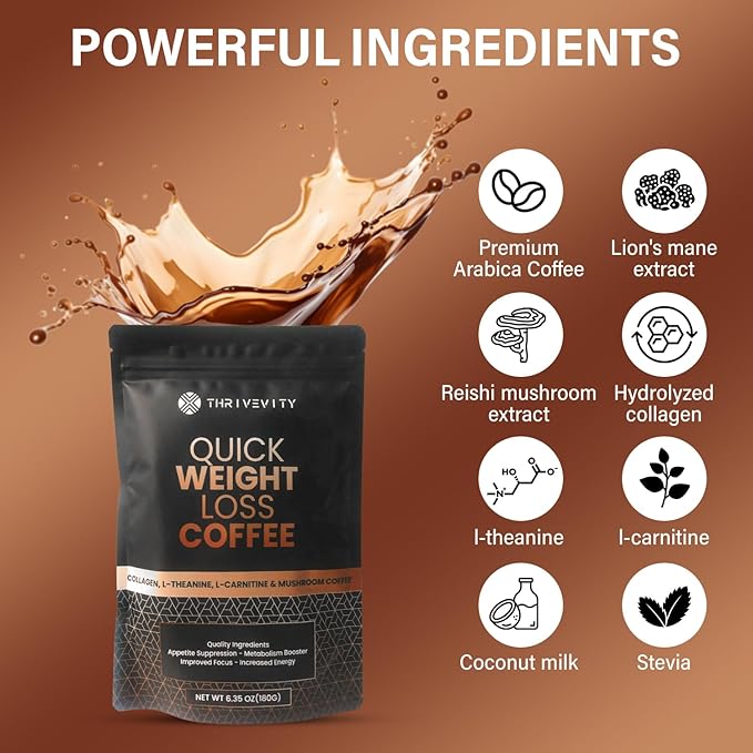 Thrivevity™ Instant Mushroom Coffee with Lion’s Mane, Reishi, Collagen, L-Carnitine, L-Theanine &