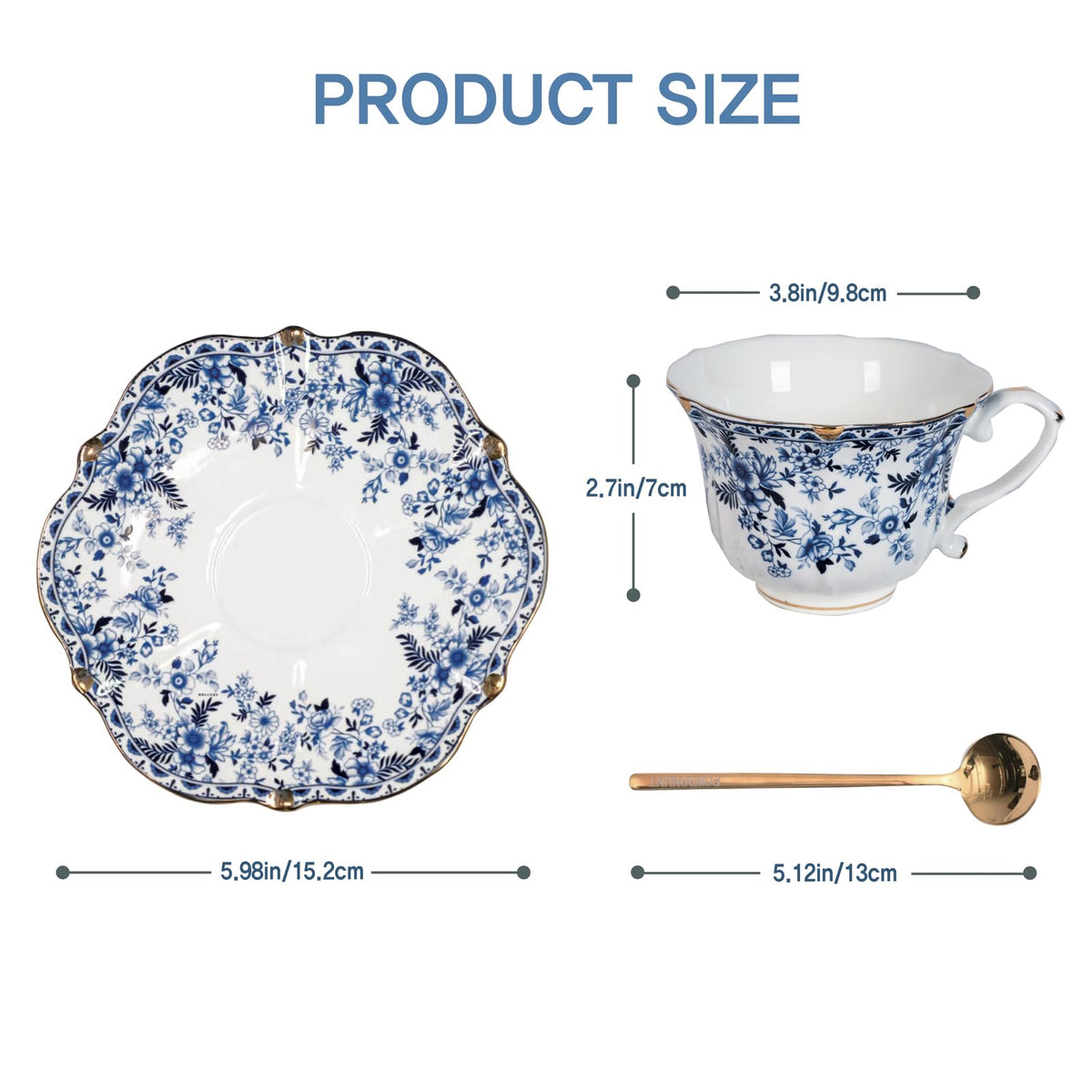 POWDONUNT Vintage Floral Porcelain Tea Cup and Saucer Set with Spoon, Gold Trim, 6.4 oz – Set of 1