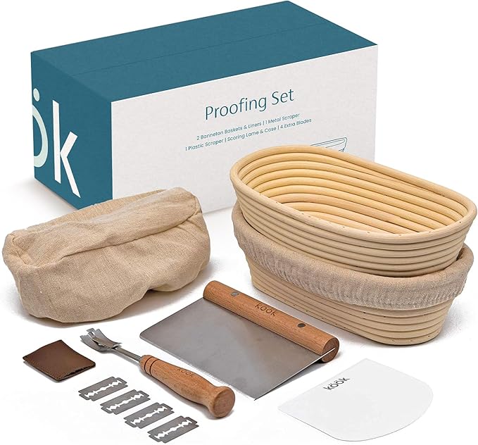 Kook Banneton Bread Proofing Set, Artisan Sourdough Bread Making Kit, 9.8 Inch Rattan Baskets and