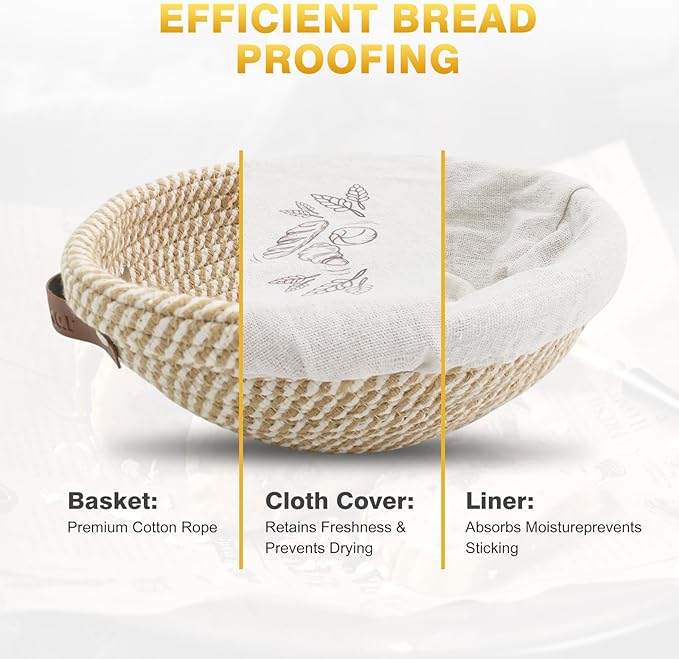 Banneton Bread Proofing Basket Set of 2, 9 10 11 inches Round & Oval Cotton Rope Sourdough Bread