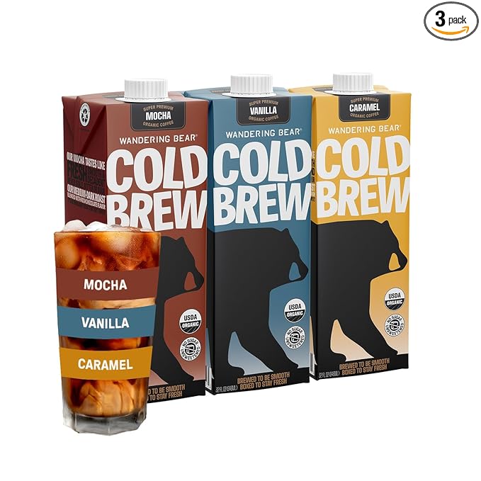 Wandering Bear Organic Cold Brew Coffee, Variety Pack, 32 fl oz (3pk - Vanilla, Caramel, Mocha)