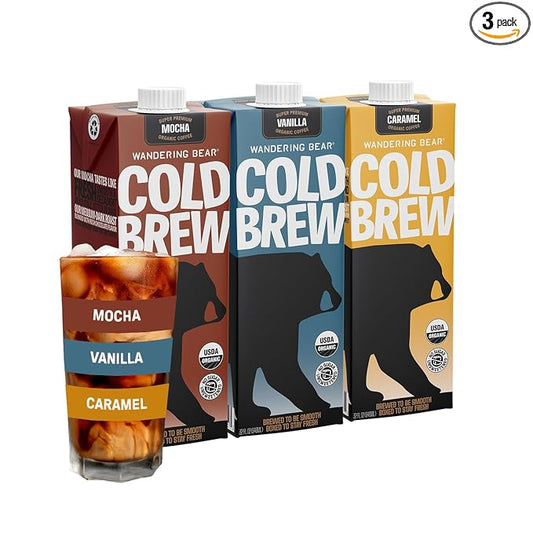 Wandering Bear Organic Cold Brew Coffee, Variety Pack, 32 fl oz (3pk - Vanilla, Caramel, Mocha)