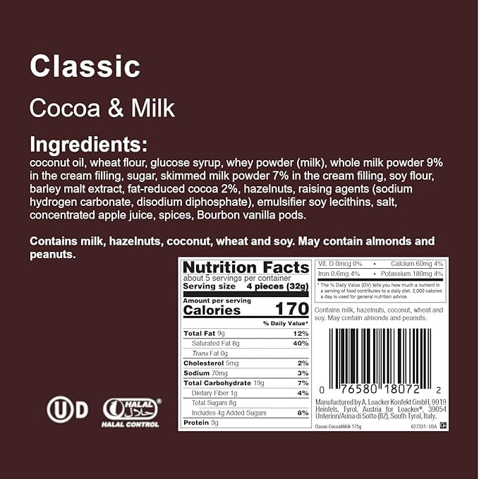 Loacker Premium Cocoa & Milk Wafers, 6.17 Ounces