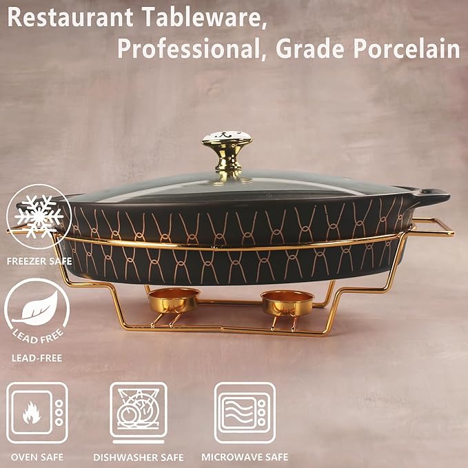 12" x 8" Ceramic Oval Casserole Dish with Glass Lid and rack, 1.7 Quart Serving Soup Tureen,Chafing
