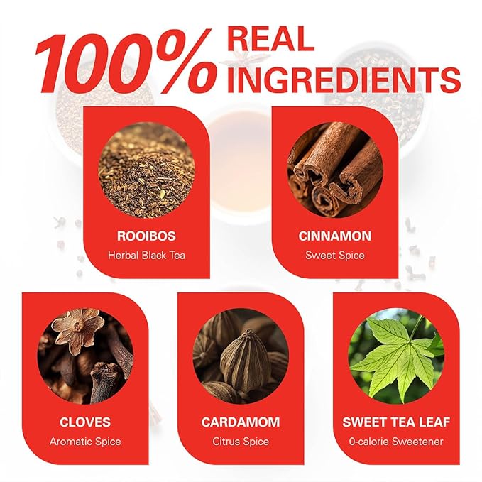 WT WEETEE Rooibos Chai Tea Bags, South African Red Tea with Cinnamon, Cloves, Cardamom, Natural
