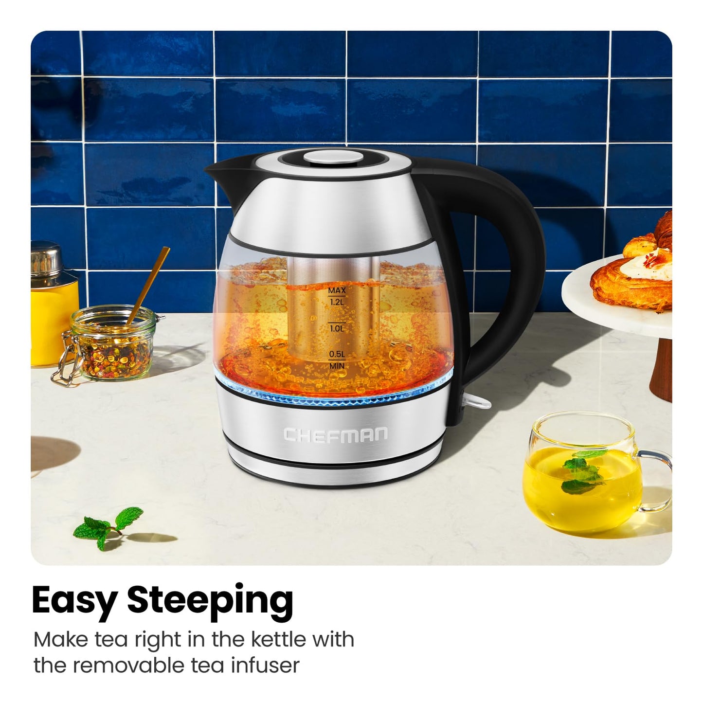 CHEFMAN Electric Kettle - 1.2L 1500W Hot Water Tea Pot with Infuser, BPA Free, Auto Shut Off
